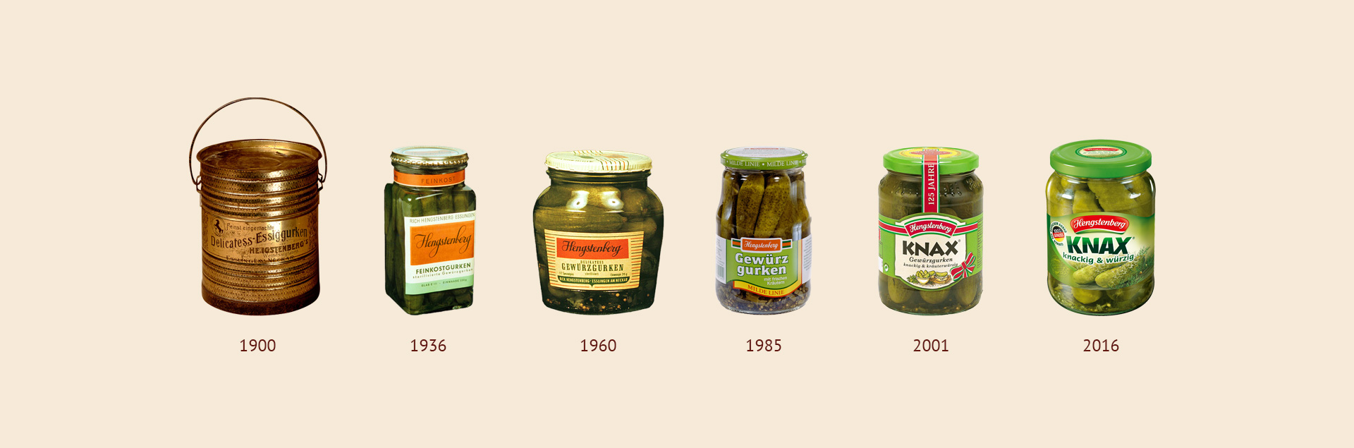 Gherkin jars from 1900 to 2016.