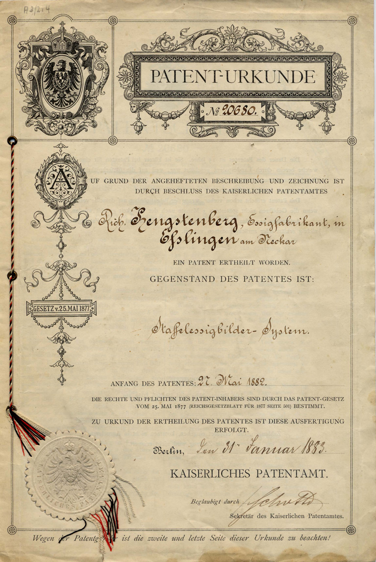 A patent certificate for vinegar.