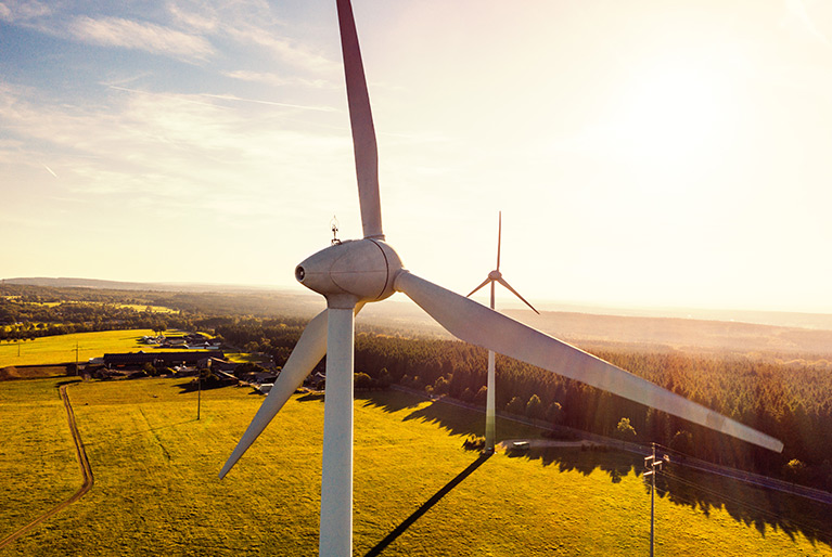 A wind turbine in a wind field.