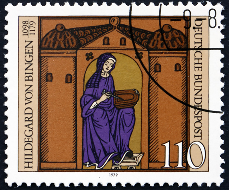 A postage stamp with Hildegard von Bingen.